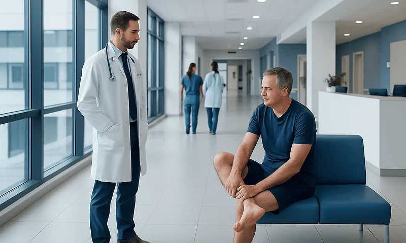 Doctor consulting with patient in hospital corridor.