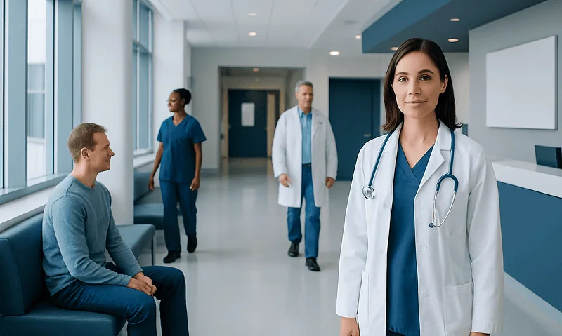 Healthcare professionals and a patient in a modern hospital corridor.