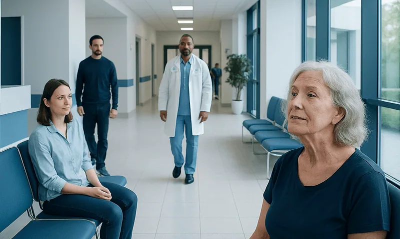 Senior woman consulting with doctors in hospital corridor.