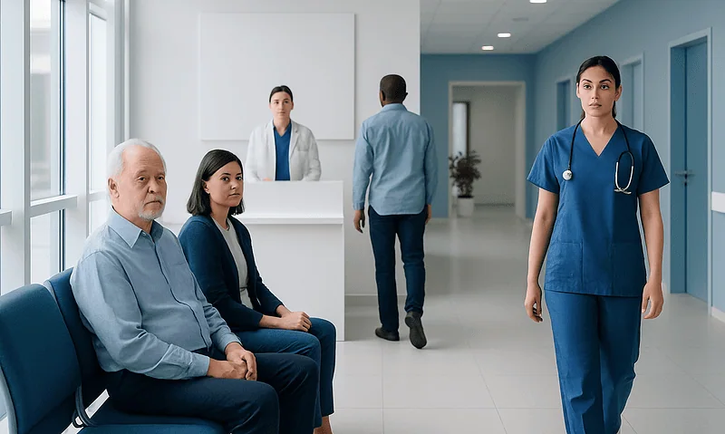 Medical consultation in hospital waiting area with healthcare professionals and patients.