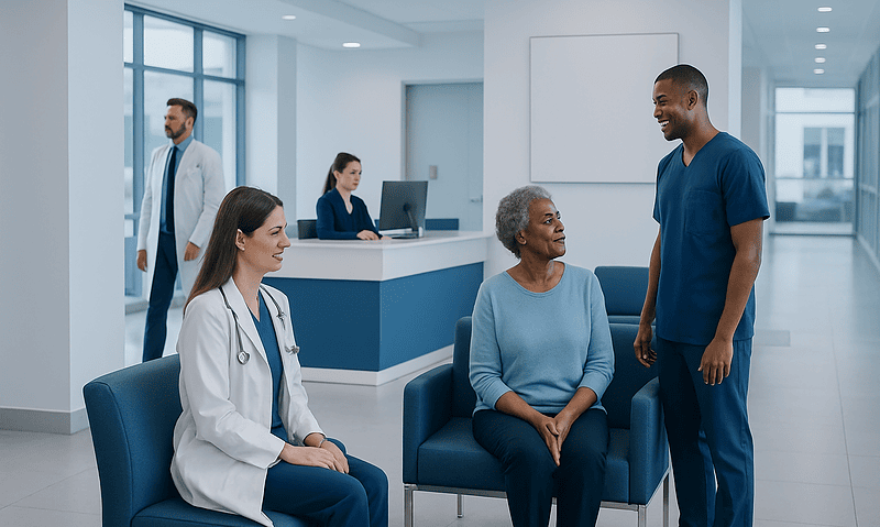 Healthcare professionals consulting with a patient in a modern hospital.