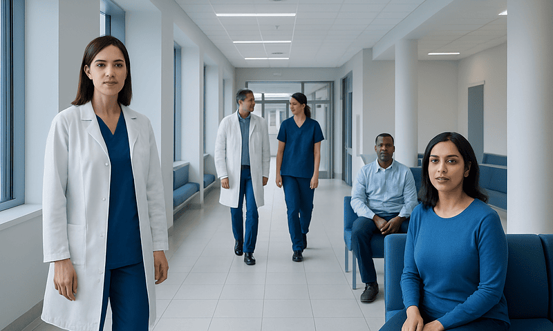 Medical professionals and patients in a hospital corridor at Acibadem Hospitals Group.