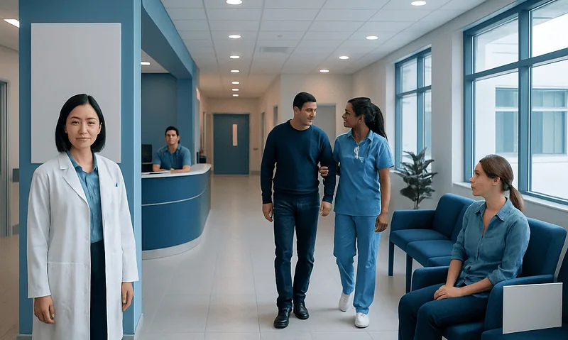 Hospital corridor with medical staff and patient in a modern healthcare facility.