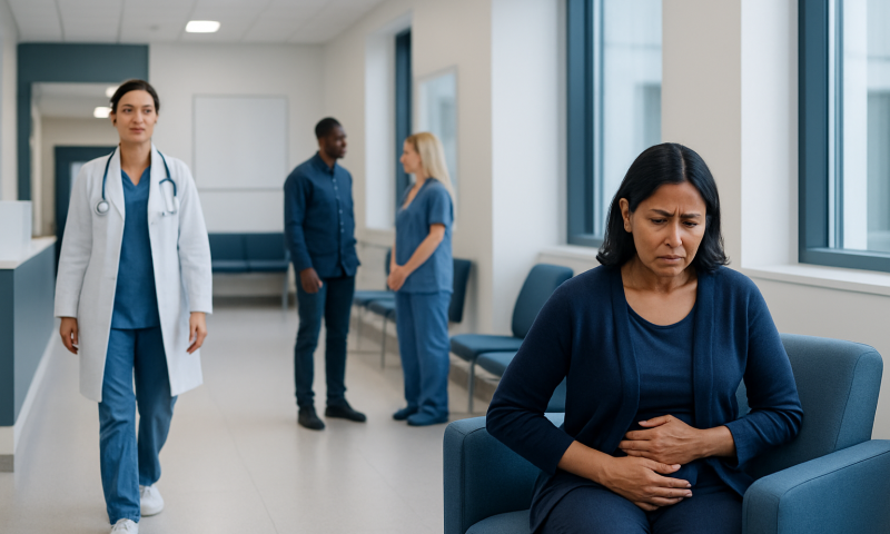 Patient experiencing stomach pain in hospital corridor with medical staff nearby.