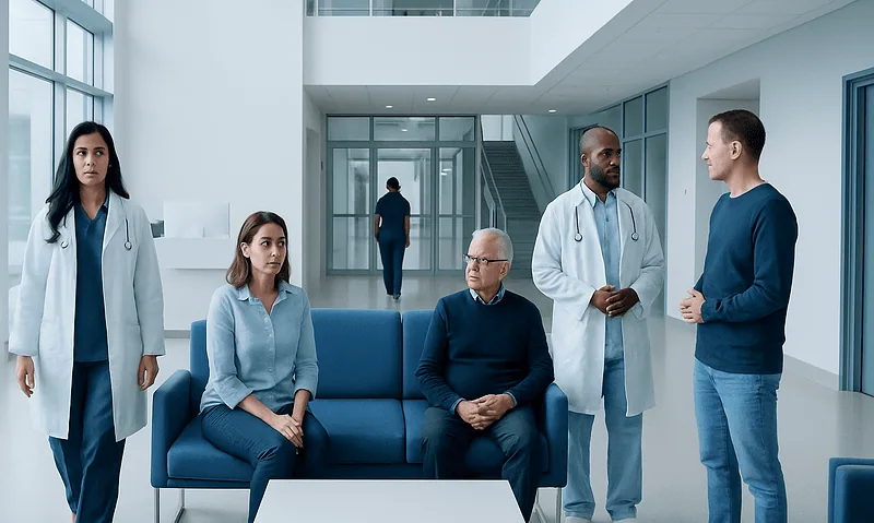 Medical team consulting with patient in hospital lobby.