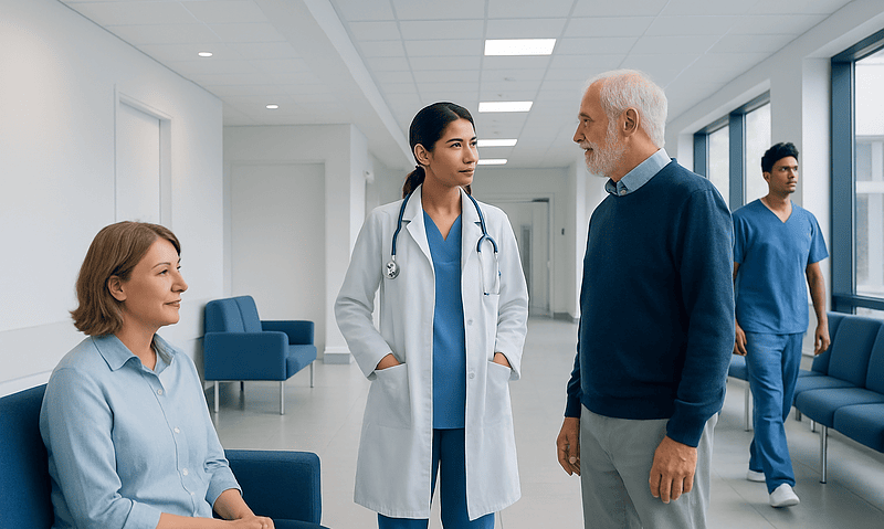 Doctor consulting with patient in hospital corridor.