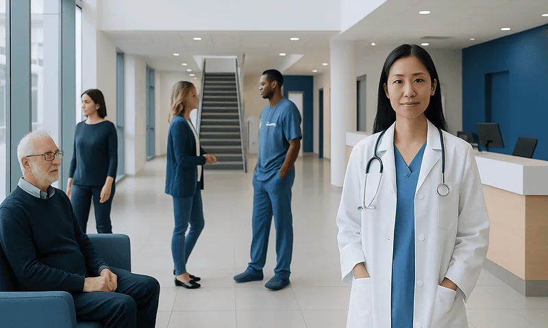 Healthcare professionals and patient in a modern hospital lobby.