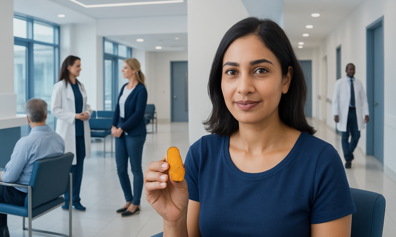 Young woman holding turmeric supplement in hospital waiting area.