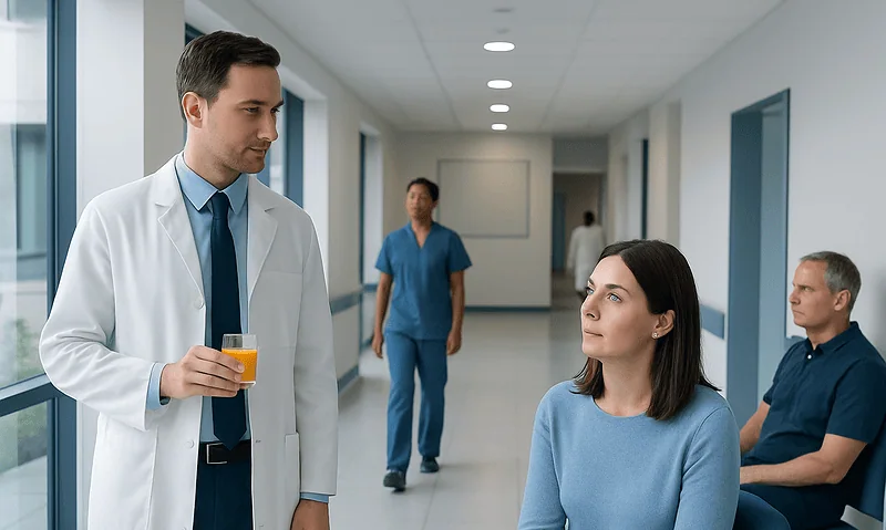 Doctor talking to female patient in hospital corridor with other patients nearby.