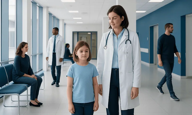 Doctor with young girl in hospital corridor, healthcare setting.