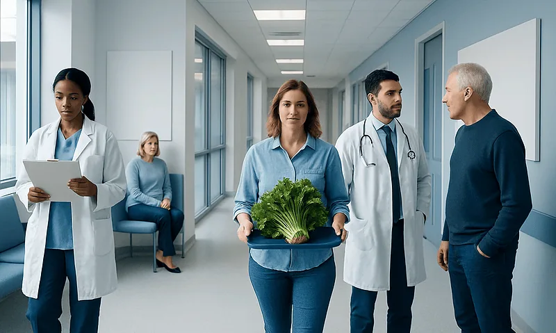 Medical staff and patient in hospital corridor at Acibadem Hospitals Group.