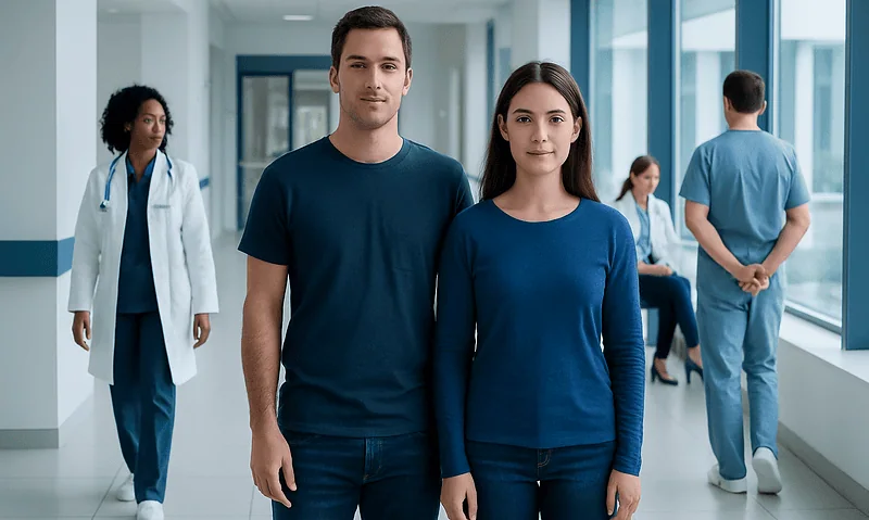 Young couple in hospital corridor with medical staff in background.