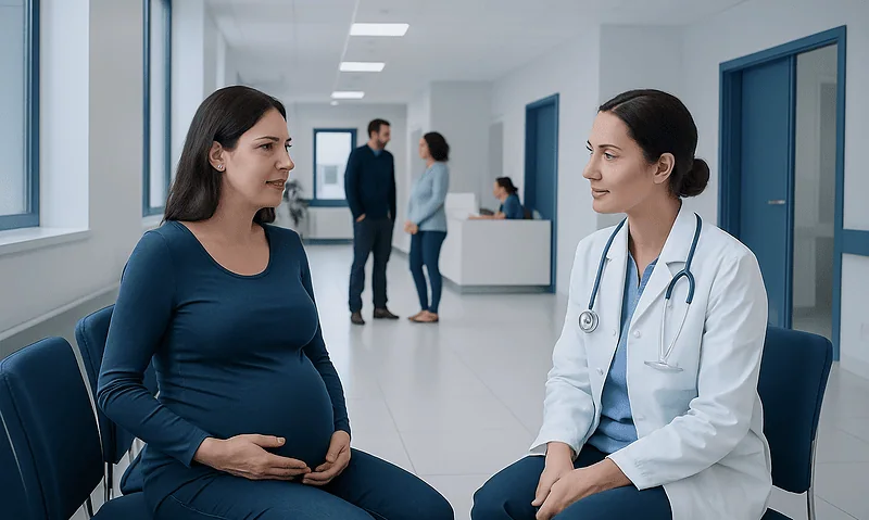 Pregnant woman consulting with a doctor in a hospital corridor.