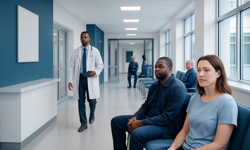 Patients waiting in a hospital corridor with a doctor approaching.