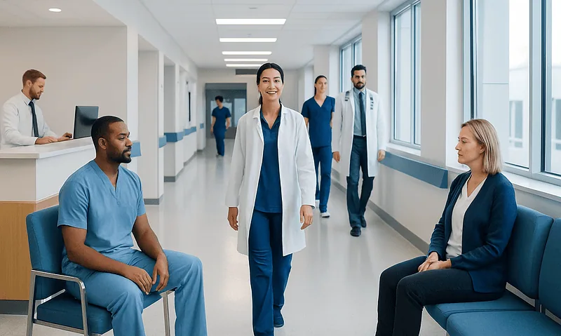 Medical team in hospital corridor with patients and staff.