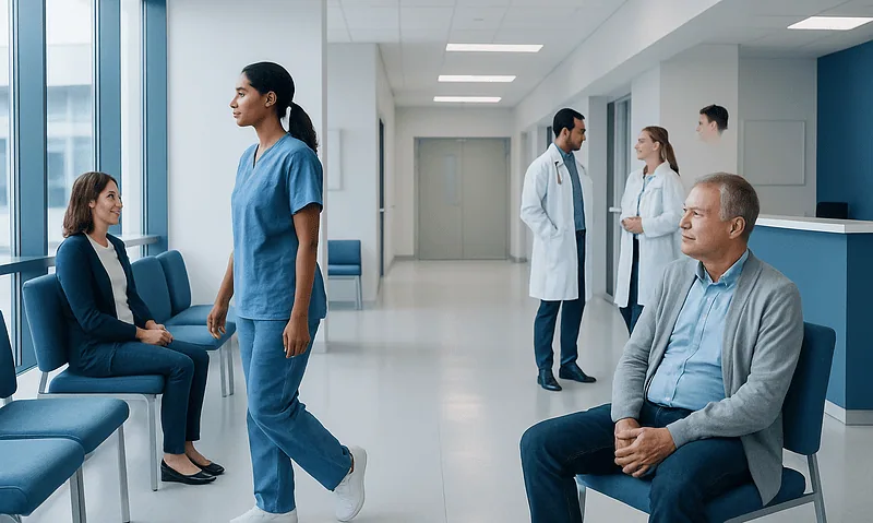 Healthcare professionals and patients in a hospital waiting area.