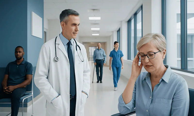 Doctor consulting an elderly woman in a hospital corridor.