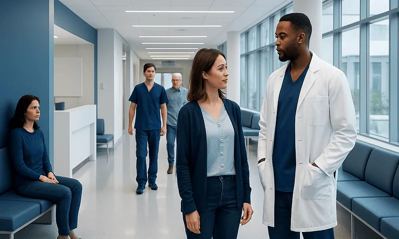 Medical professionals and patients in a hospital corridor.