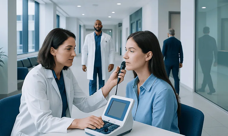 Doctor performs tympanometry test on patient in hospital corridor.