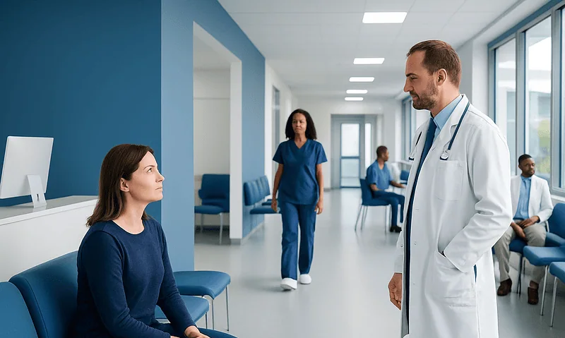 Doctor talking to patient in hospital corridor with medical staff in background.