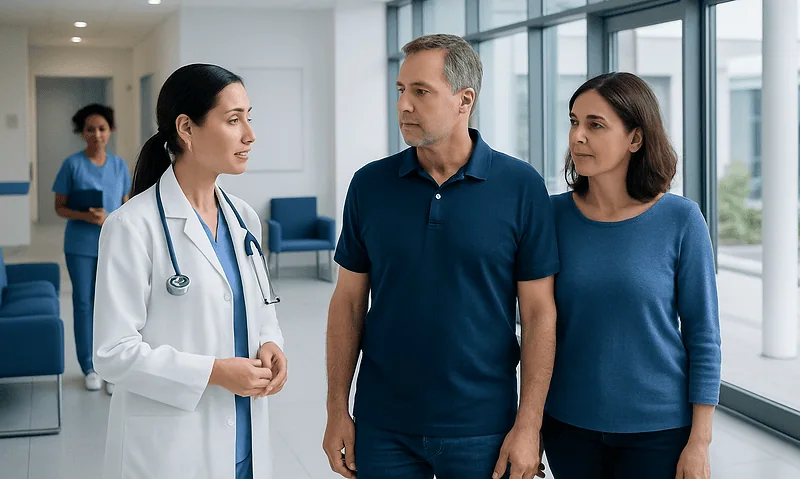 Doctor consulting with a couple in a modern hospital corridor.