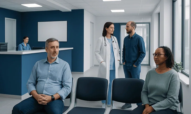 Patients waiting in a hospital corridor with medical staff nearby.