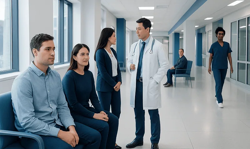 Understanding Type 2 Bipolar Disease: A Complete Patient Guide 6 Medical team consulting with patients in a hospital corridor.