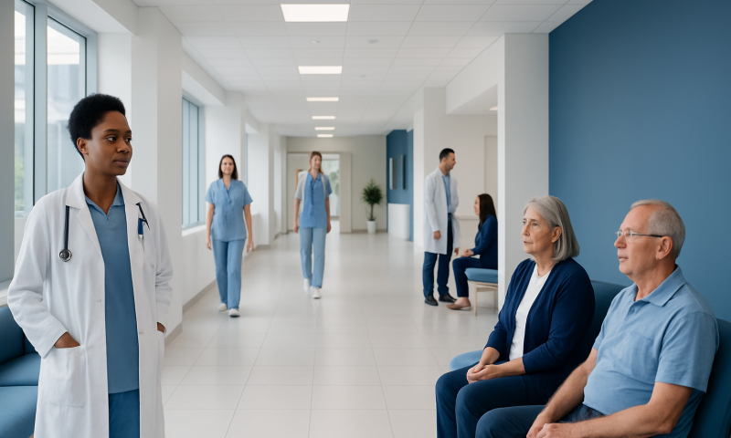 Healthcare professionals and patients in a modern hospital corridor.