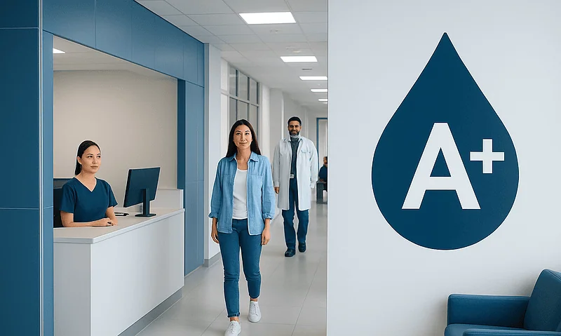 Hospital corridor with blood type A+ sign and medical staff.