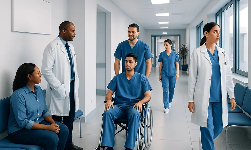 Medical team and patient in hospital corridor at Acibadem Hospitals Group.