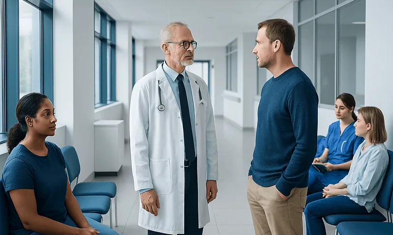 Doctor consulting with a patient in a hospital corridor with nurses seated nearby.
