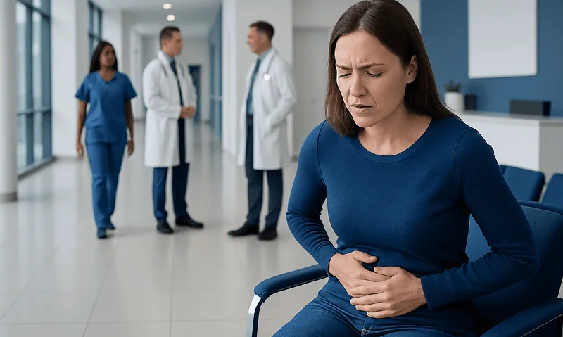 Woman experiencing stomach pain in hospital corridor with medical staff in background.