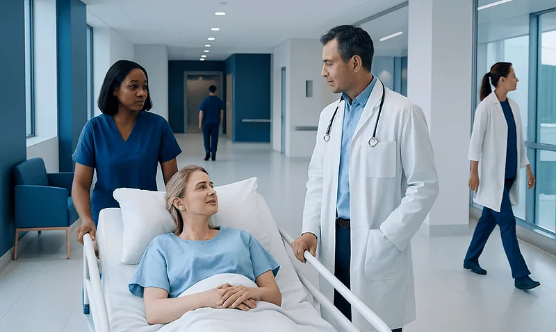 Hospital staff consulting with a patient in a modern medical facility.