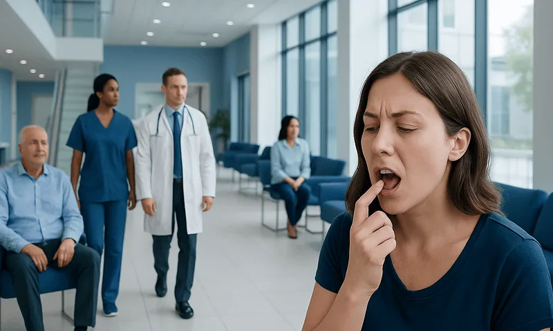 Woman with mouth pain in a hospital waiting area with medical staff nearby.