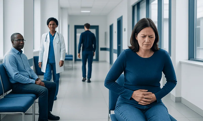 Woman experiencing abdominal pain in hospital corridor.
