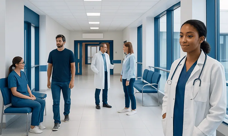 Healthcare professionals and patients in a modern hospital corridor.