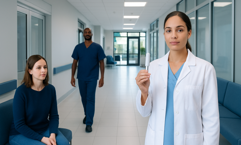 Medical professionals in a hospital corridor, woman holding a tampon.