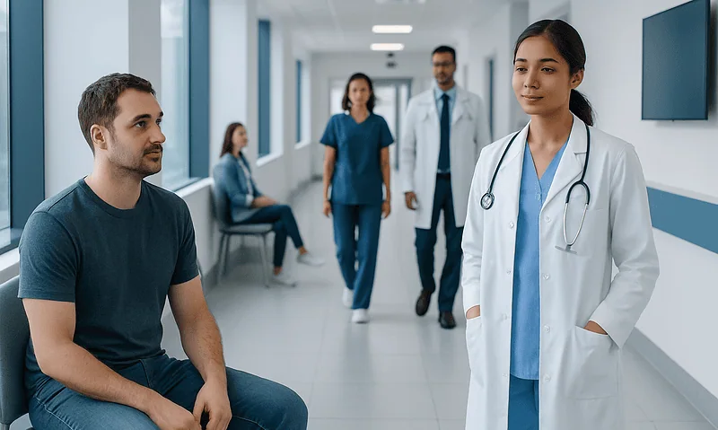 Doctor consulting male patient in hospital corridor.