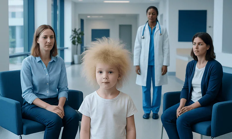Child with uncombable hair syndrome in a medical consultation setting.