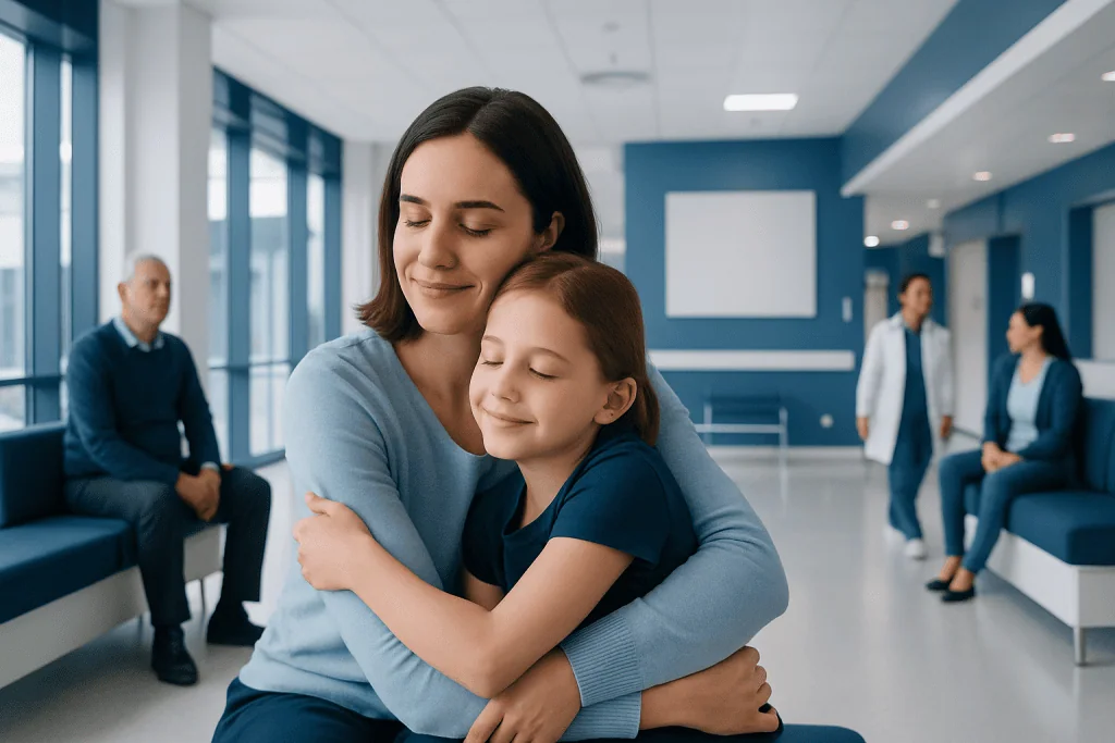 Unconditional Love — Explained by Medical Evidence, Not Myths 1 Child hugging mother in hospital waiting area with medical staff in background.