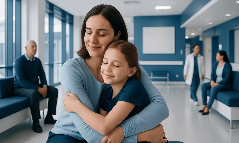 Child hugging mother in hospital waiting area with medical staff in background.