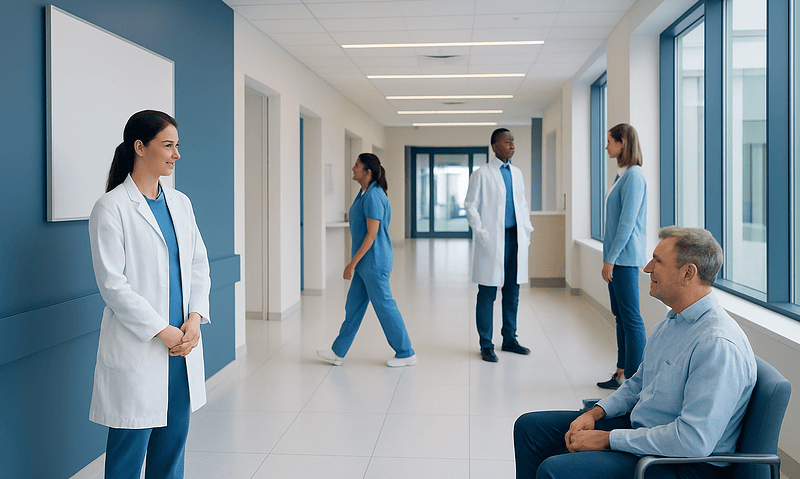 Healthcare professionals and patient in hospital corridor.