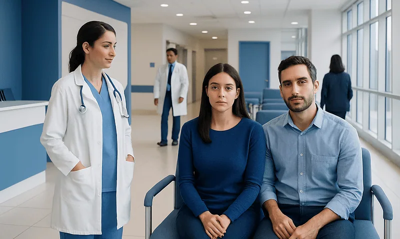 Patients waiting in hospital corridor with medical staff nearby.