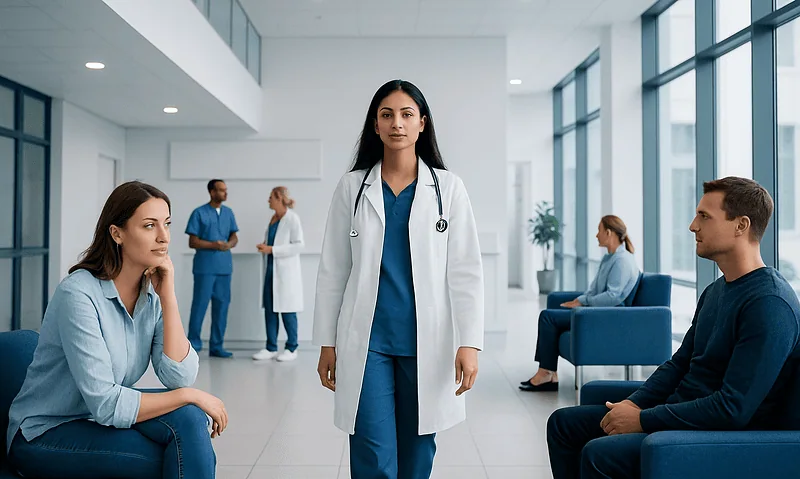 Medical consultation in a modern hospital waiting area with doctor and patients.