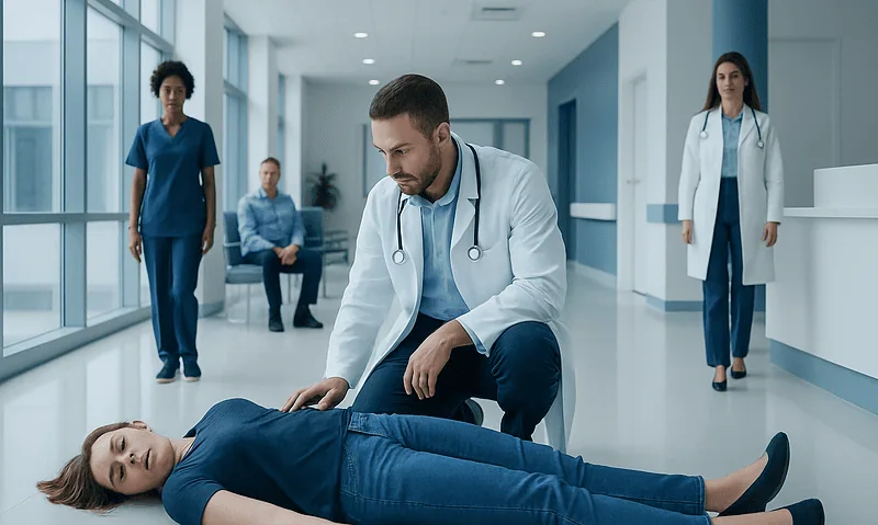 Medical team examining a patient lying on the hospital corridor floor.