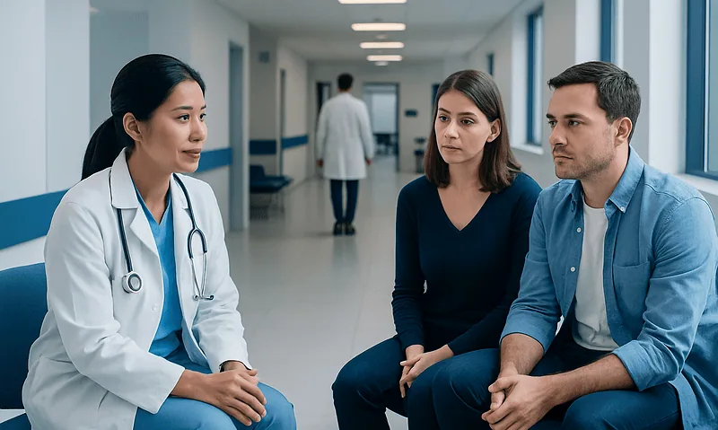 Doctor consulting with couple in hospital corridor for fertility treatment options.