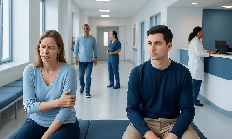 Patients experiencing arm and leg pain in a hospital corridor.