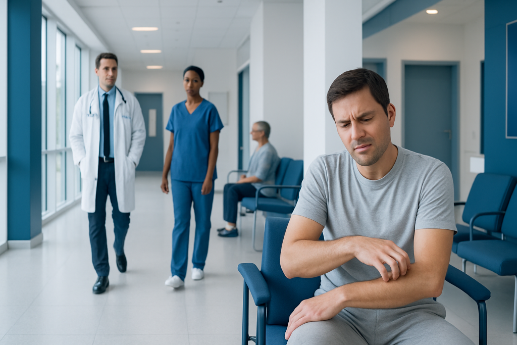 Unexplained Itching All Over Body at Night — Explained by Medical Evidence, Not Myths 1 Patient experiencing itching in a hospital corridor with medical staff nearby.