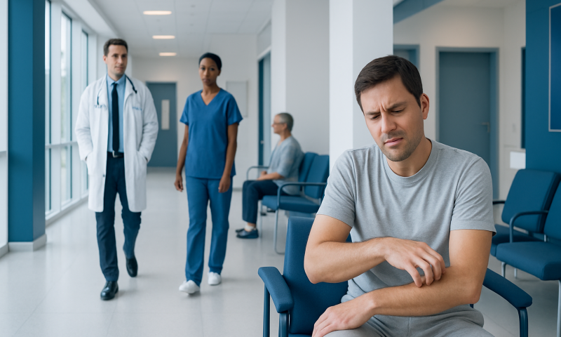 Patient experiencing itching in a hospital corridor with medical staff nearby.