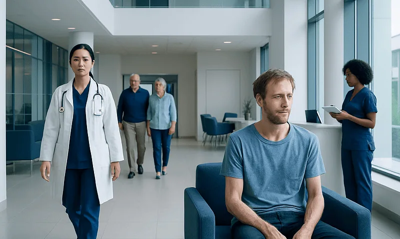 Patient waiting in hospital lobby with medical staff nearby.